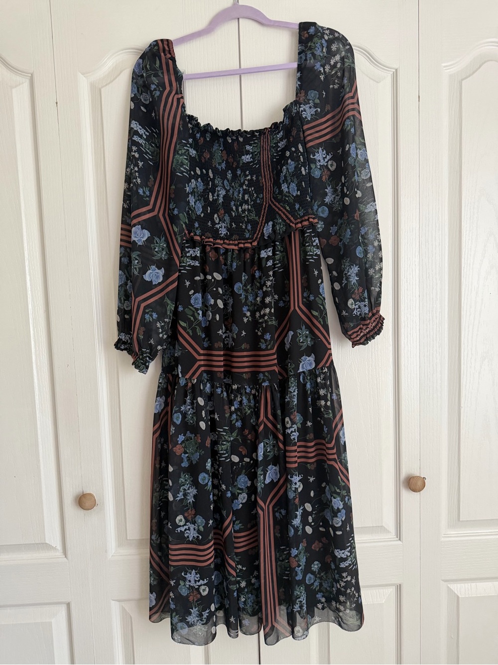 Wilfred Black Floral Midi Dress with Blue and Brown Accents